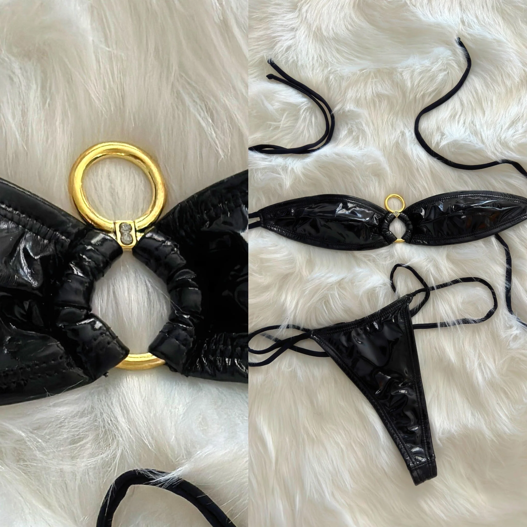 Connie's  VEGAS VIXEN "Infiniti GOLD 💎 ACCENT Shiny 🖤BLACK🖤 ✨ Patent X-Leather Thong BIKINI Set 🍸, Fully Adjustable, Lined ...  Made In Colombia 💋💋💋 - Image 3