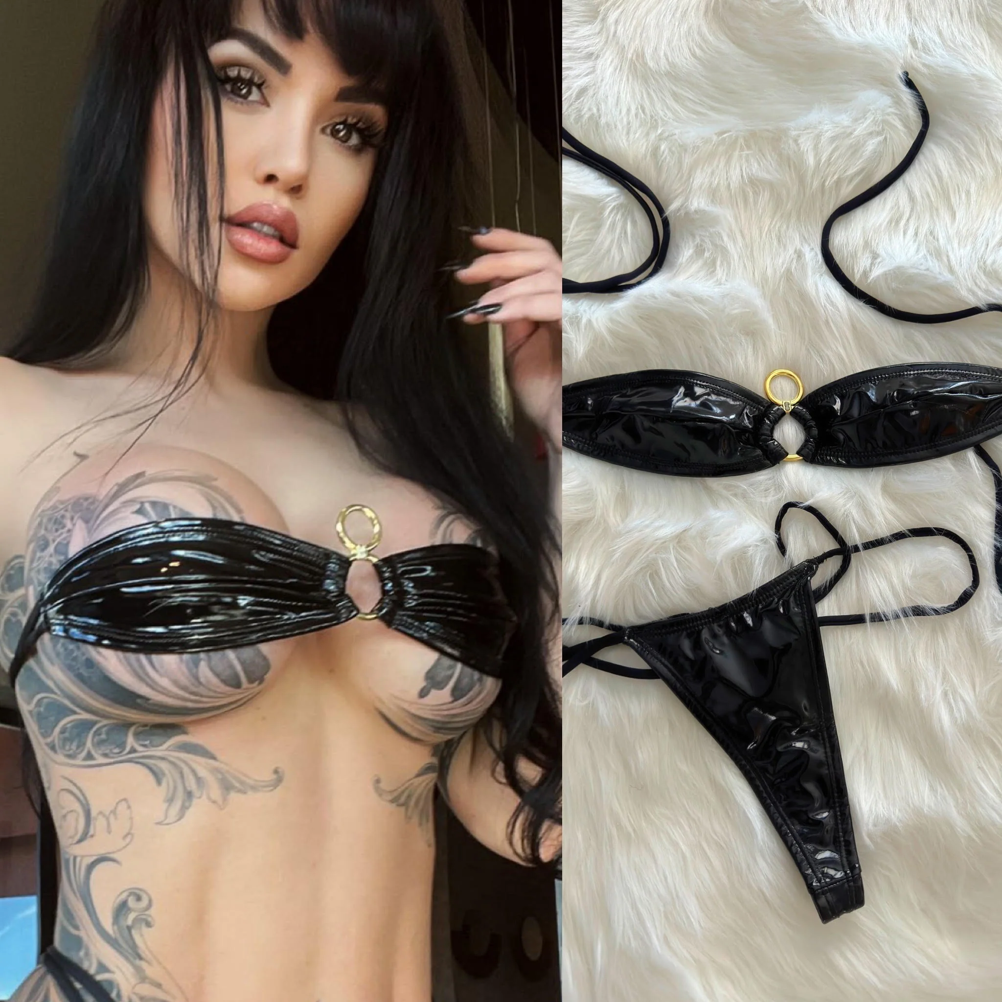 Connie's  VEGAS VIXEN "Infiniti GOLD 💎 ACCENT Shiny 🖤BLACK🖤 ✨ Patent X-Leather Thong BIKINI Set 🍸, Fully Adjustable, Lined ...  Made In Colombia 💋💋💋 - Image 7
