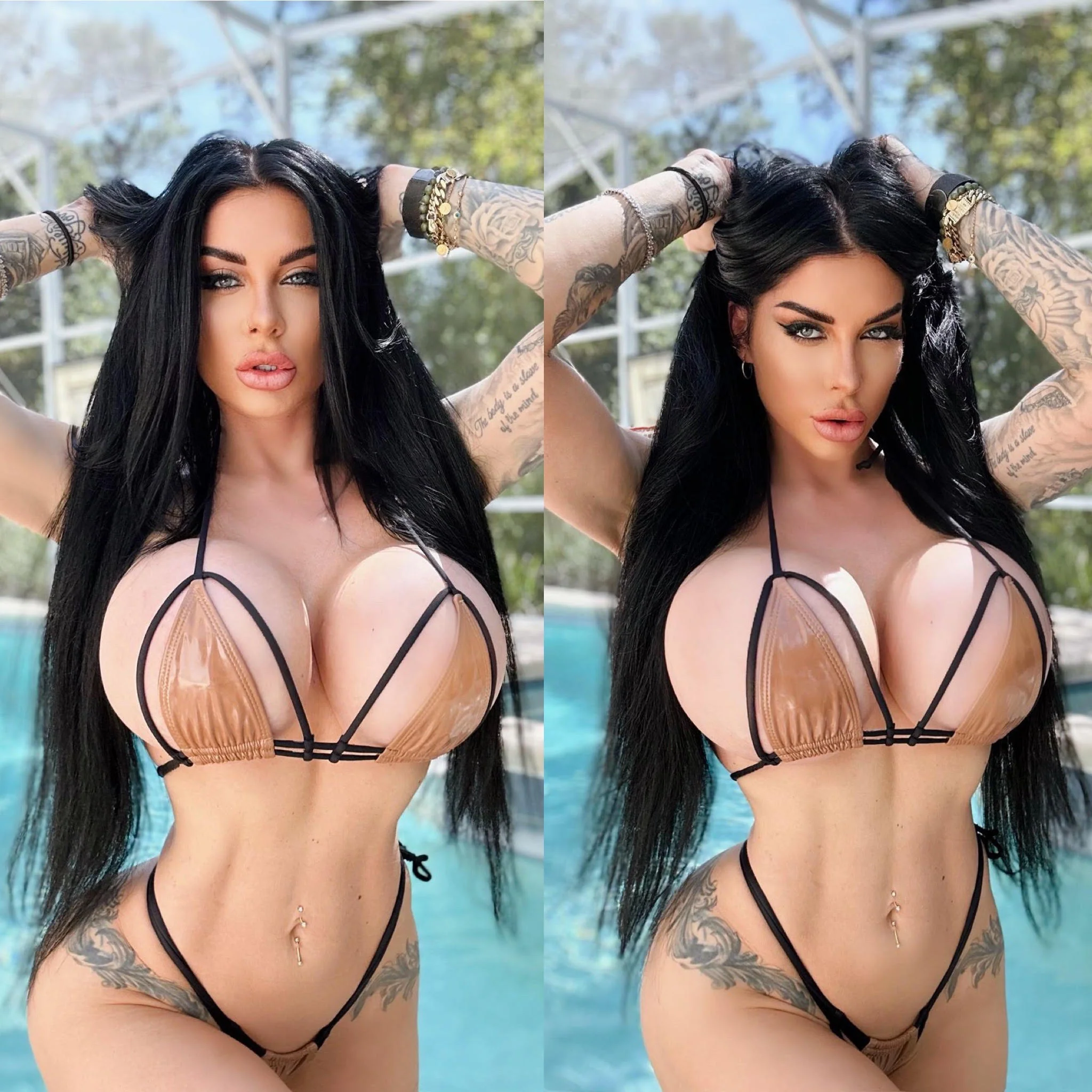 Connie's  LIMITED "VEGAS VIXEN Shiny STRETCH TAN CREAM Thong BIKINI Set" Fully Adjustable, Lined ...  Made In Colombia - Image 9