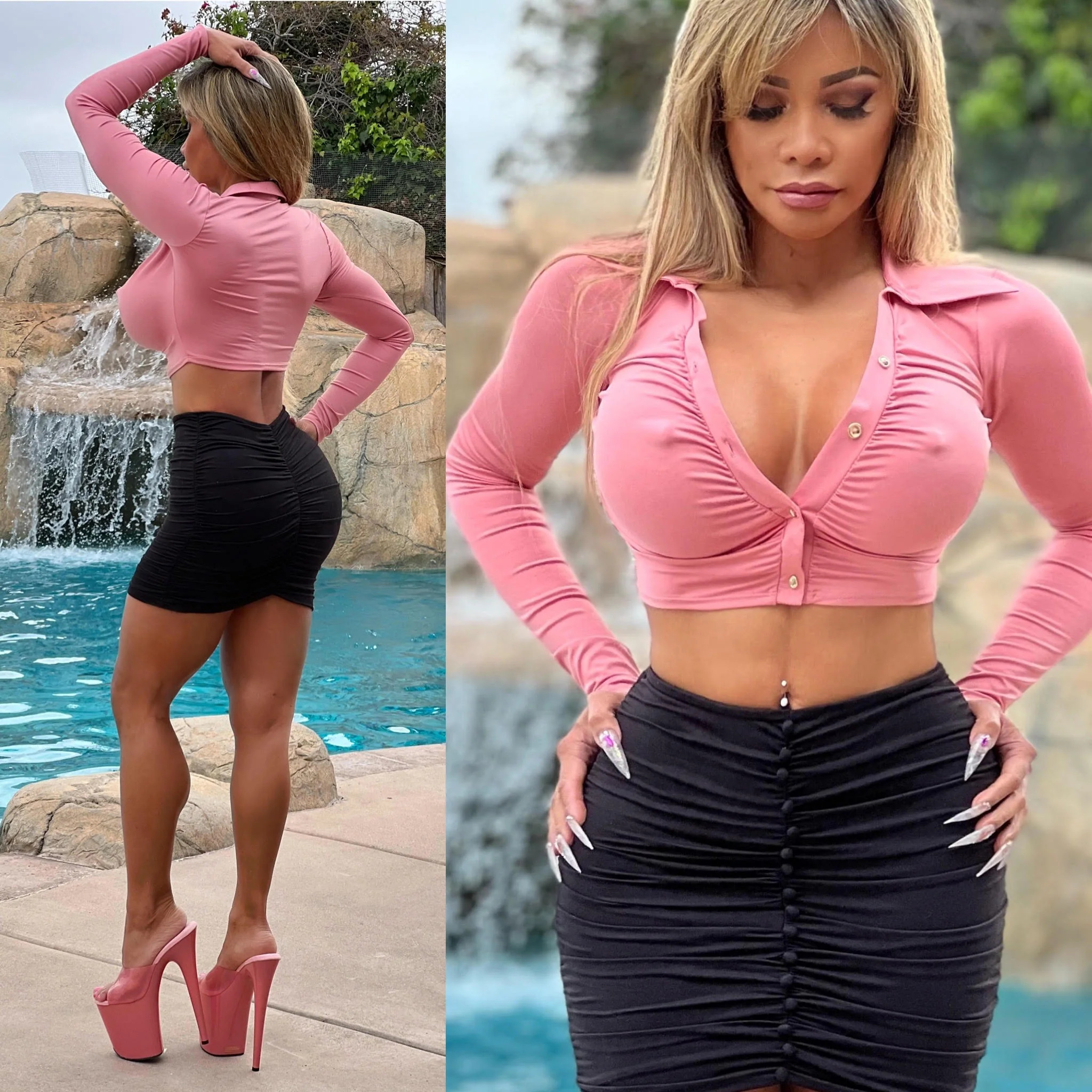 Connie's "RICH BITCH PINK & GOLD Button Blouse" Button Down, Deep Plunge Top, Super Stretch Fit - Image 2