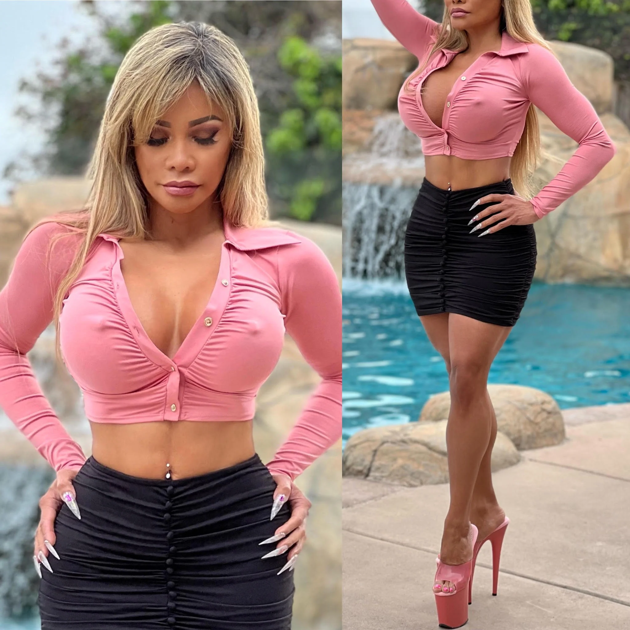 Connie's "RICH BITCH PINK & GOLD Button Blouse" Button Down, Deep Plunge Top, Super Stretch Fit - Image 8