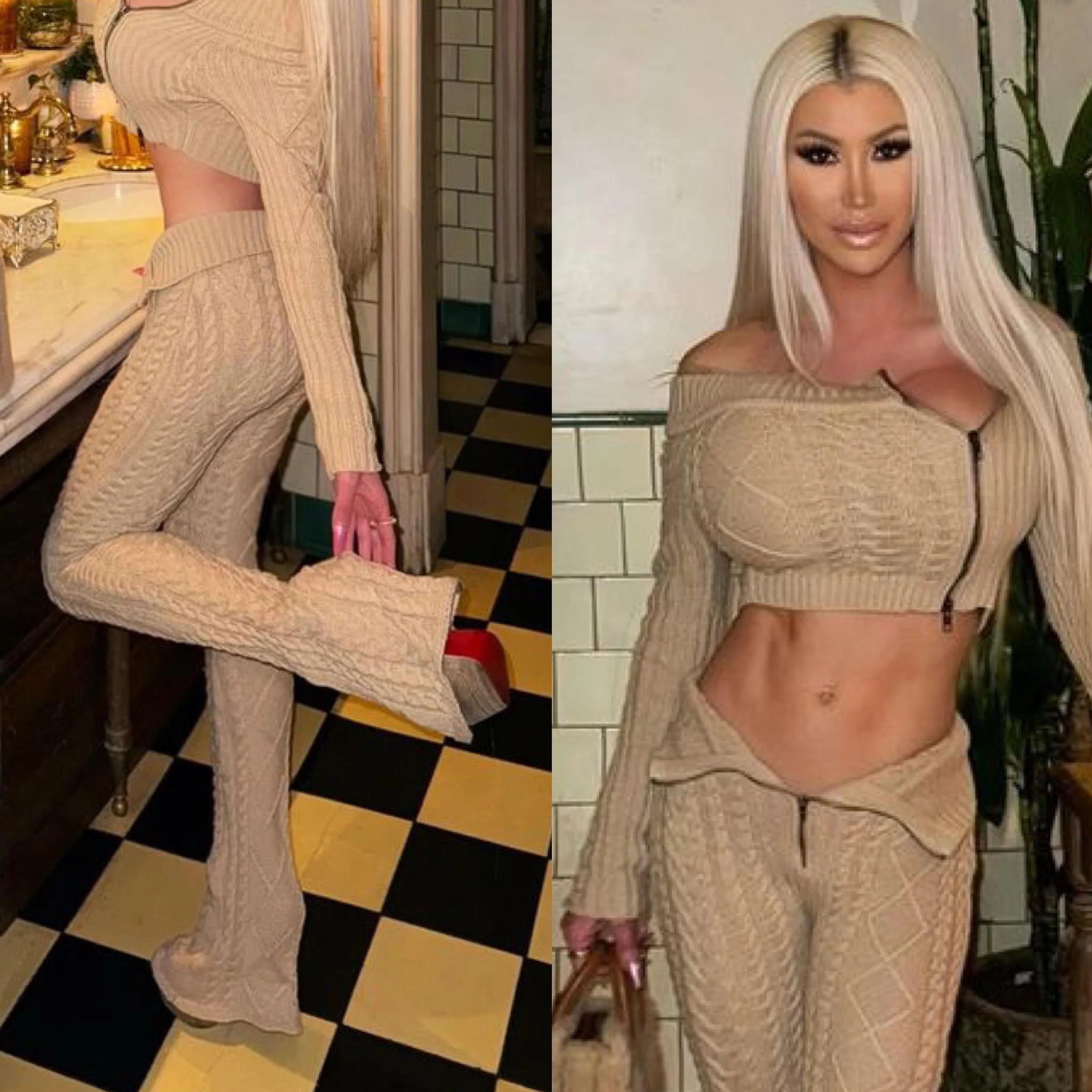 "LIMITED" Connie's "RICH WARM Cable Knit Sweater Set" Side ZIP Crop Top and Fold Over Front Zip Leggings - Image 3