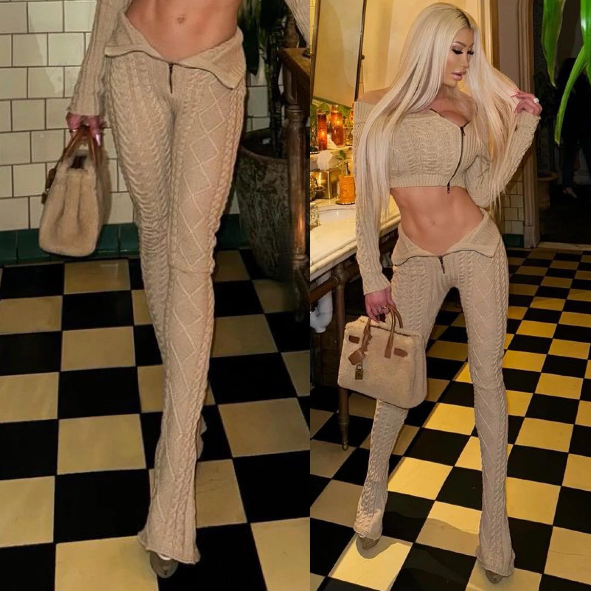 "LIMITED" Connie's "RICH WARM Cable Knit Sweater Set" Side ZIP Crop Top and Fold Over Front Zip Leggings - Image 4