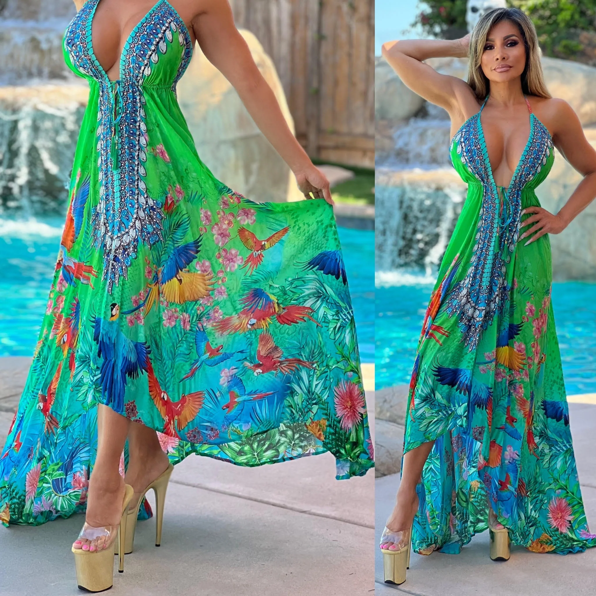 ***LIMITED*** Connie's LUX 🌴 Island BoHo Style, 🌴Hawaiian🌴 Birds 🐦🦜🦚🦜 Of Paradise *Silk* High Low Maxi" With Hand Sewn 💎 Crystal Accents ...💯😘 - Image 4
