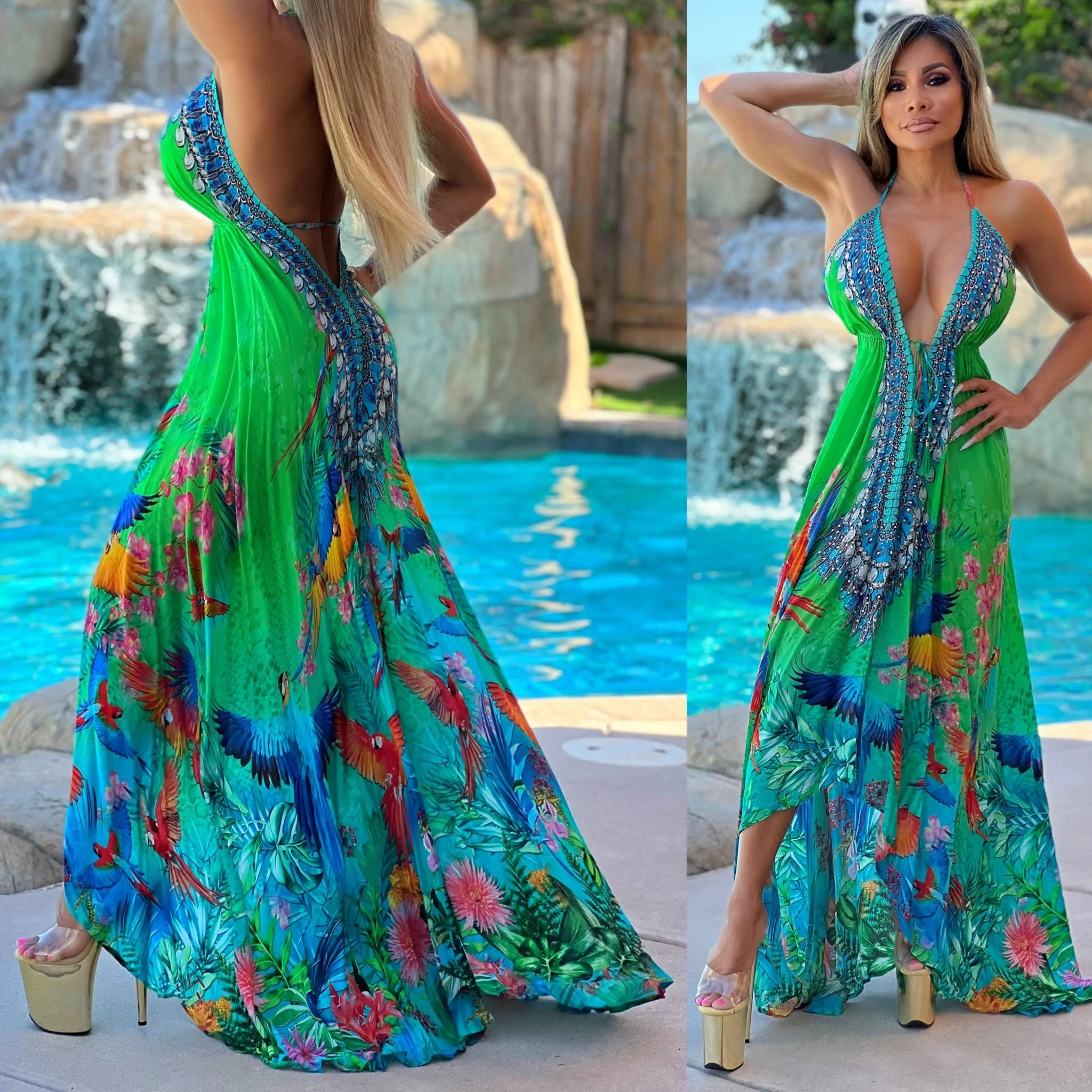 ***LIMITED*** Connie's LUX 🌴 Island BoHo Style, 🌴Hawaiian🌴 Birds 🐦🦜🦚🦜 Of Paradise *Silk* High Low Maxi" With Hand Sewn 💎 Crystal Accents ...💯😘 - Image 5