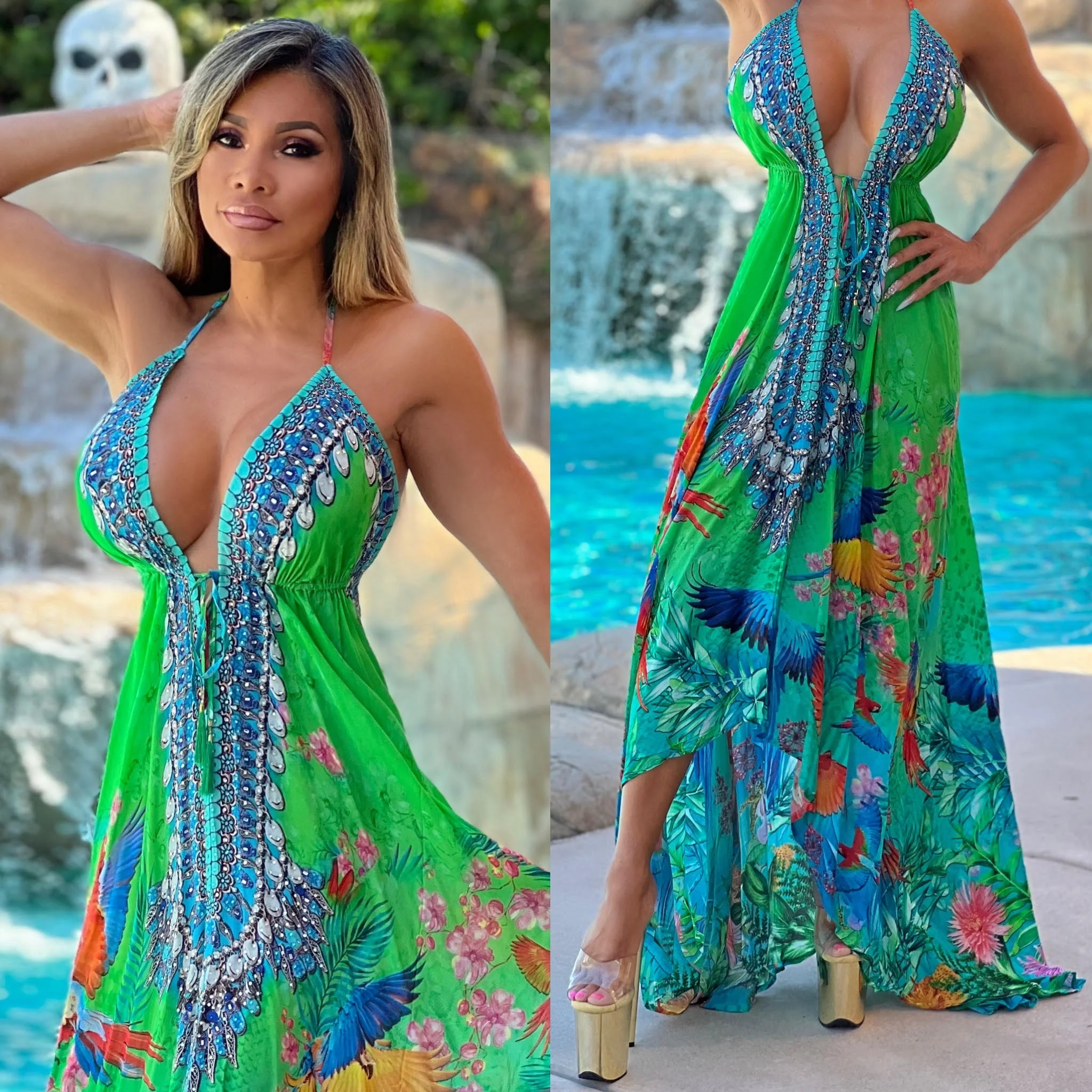 ***LIMITED*** Connie's LUX 🌴 Island BoHo Style, 🌴Hawaiian🌴 Birds 🐦🦜🦚🦜 Of Paradise *Silk* High Low Maxi" With Hand Sewn 💎 Crystal Accents ...💯😘 - Image 6