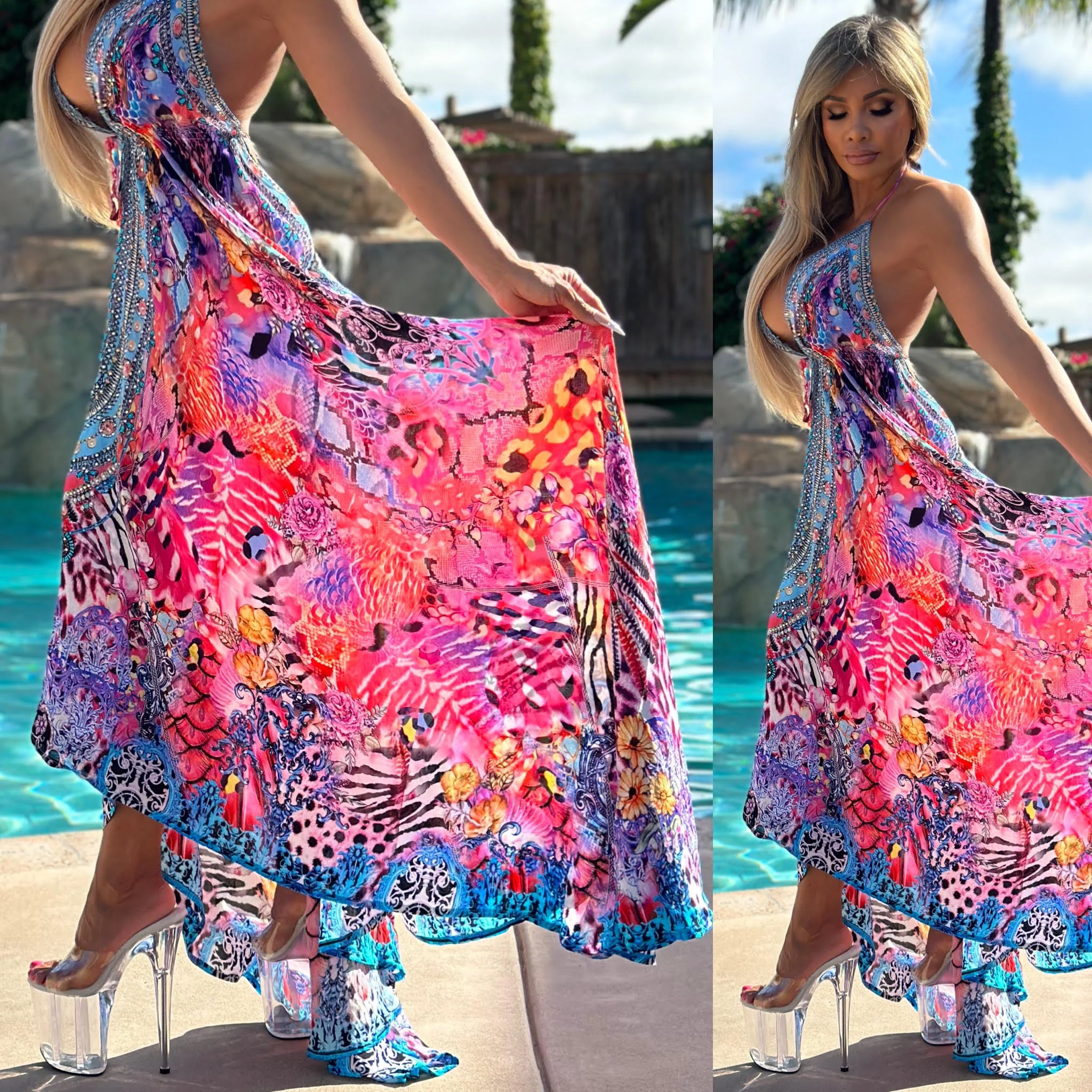 ***LIMITED*** Connie's LUX 🌴 Island BoHo Style, Garden By The Sea *Silk* High Low Maxi" With Hand Sewn 💎 Crystal Accents ...💯😘 - Image 5