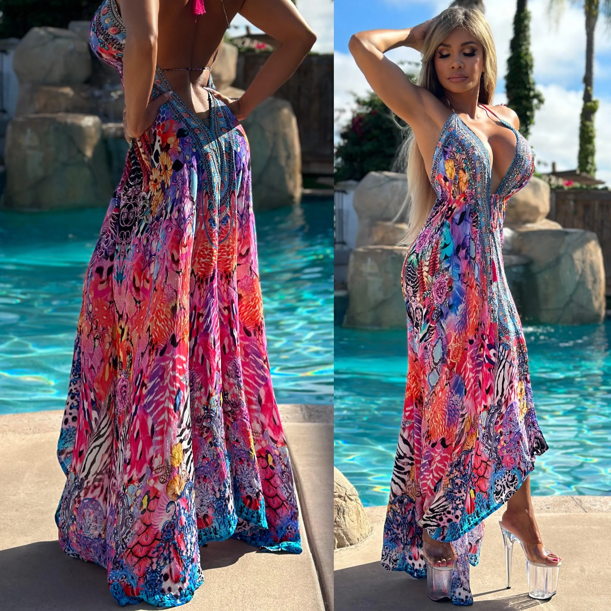 ***LIMITED*** Connie's LUX 🌴 Island BoHo Style, Garden By The Sea *Silk* High Low Maxi" With Hand Sewn 💎 Crystal Accents ...💯😘 - Image 6