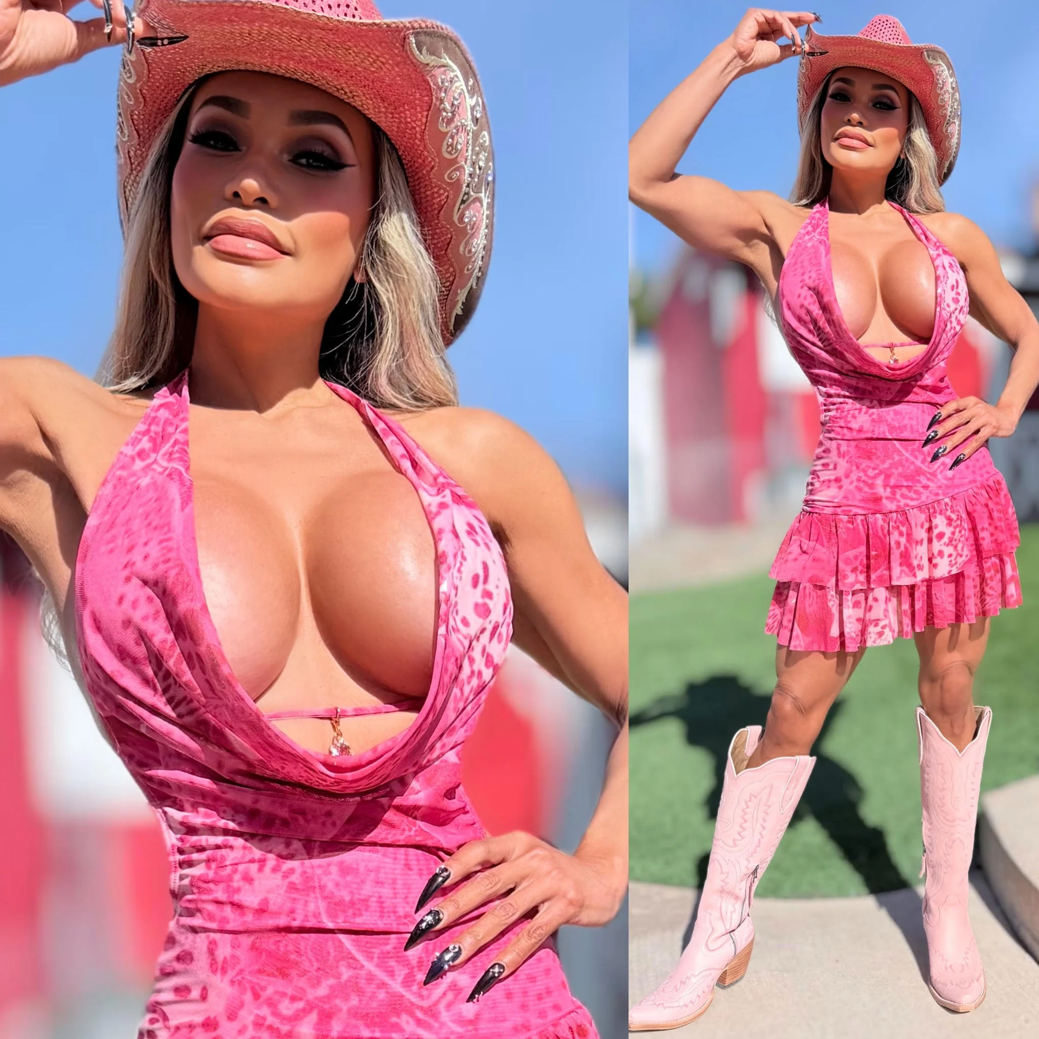 Connie's "PINK LEOPARD 🤠 WESTERN Mini" Cute Gold chest accent, Adjustable tie back, Stretch Fabric, Cute Ruffles - Image 3