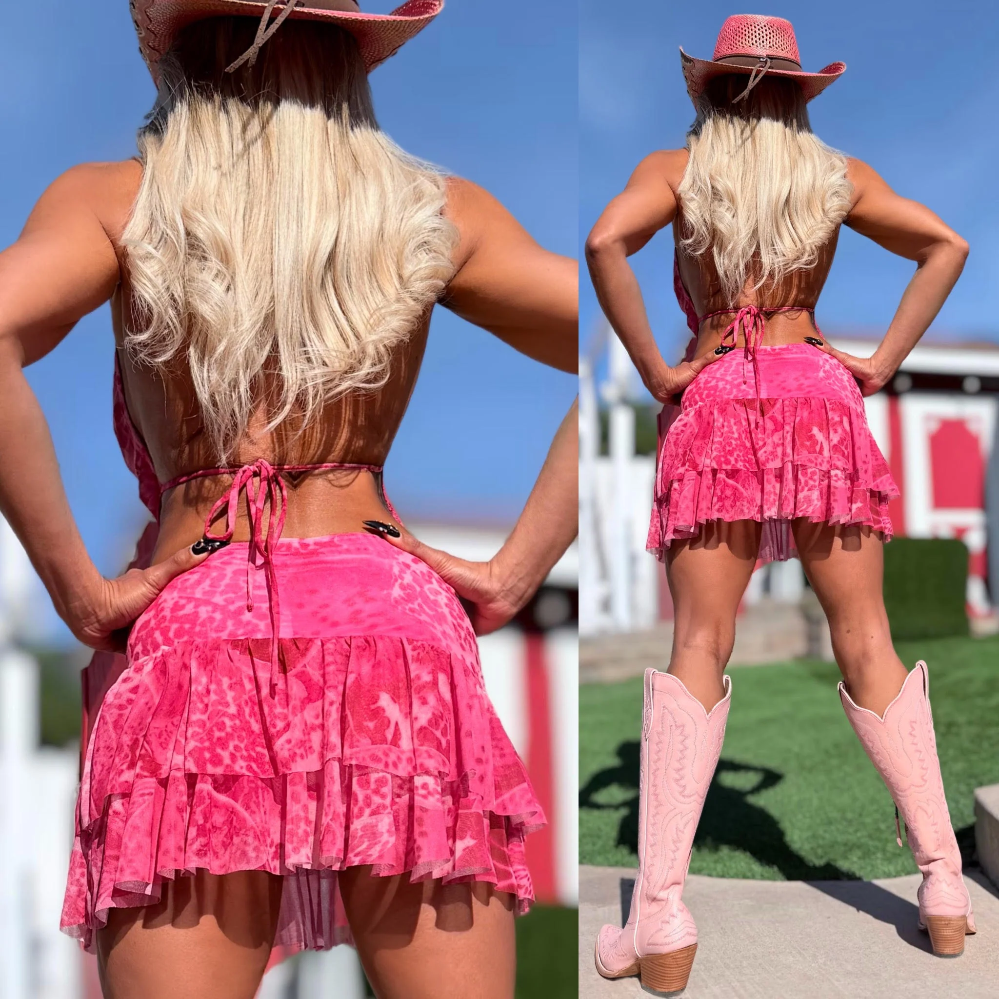 Connie's "PINK LEOPARD 🤠 WESTERN Mini" Cute Gold chest accent, Adjustable tie back, Stretch Fabric, Cute Ruffles - Image 4