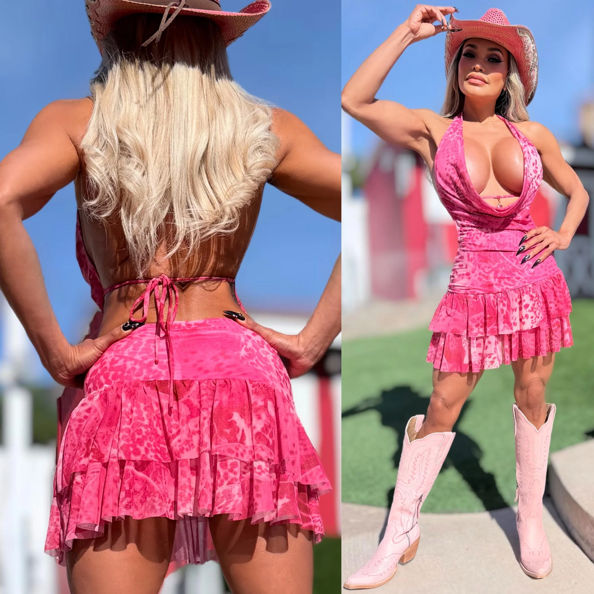 Connie's "PINK LEOPARD 🤠 WESTERN Mini" Cute Gold chest accent, Adjustable tie back, Stretch Fabric, Cute Ruffles - Image 5