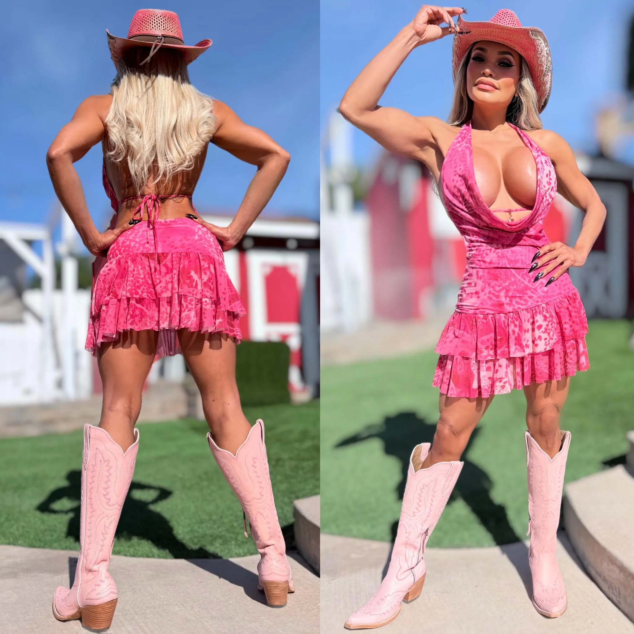 Connie's "PINK LEOPARD 🤠 WESTERN Mini" Cute Gold chest accent, Adjustable tie back, Stretch Fabric, Cute Ruffles - Image 6
