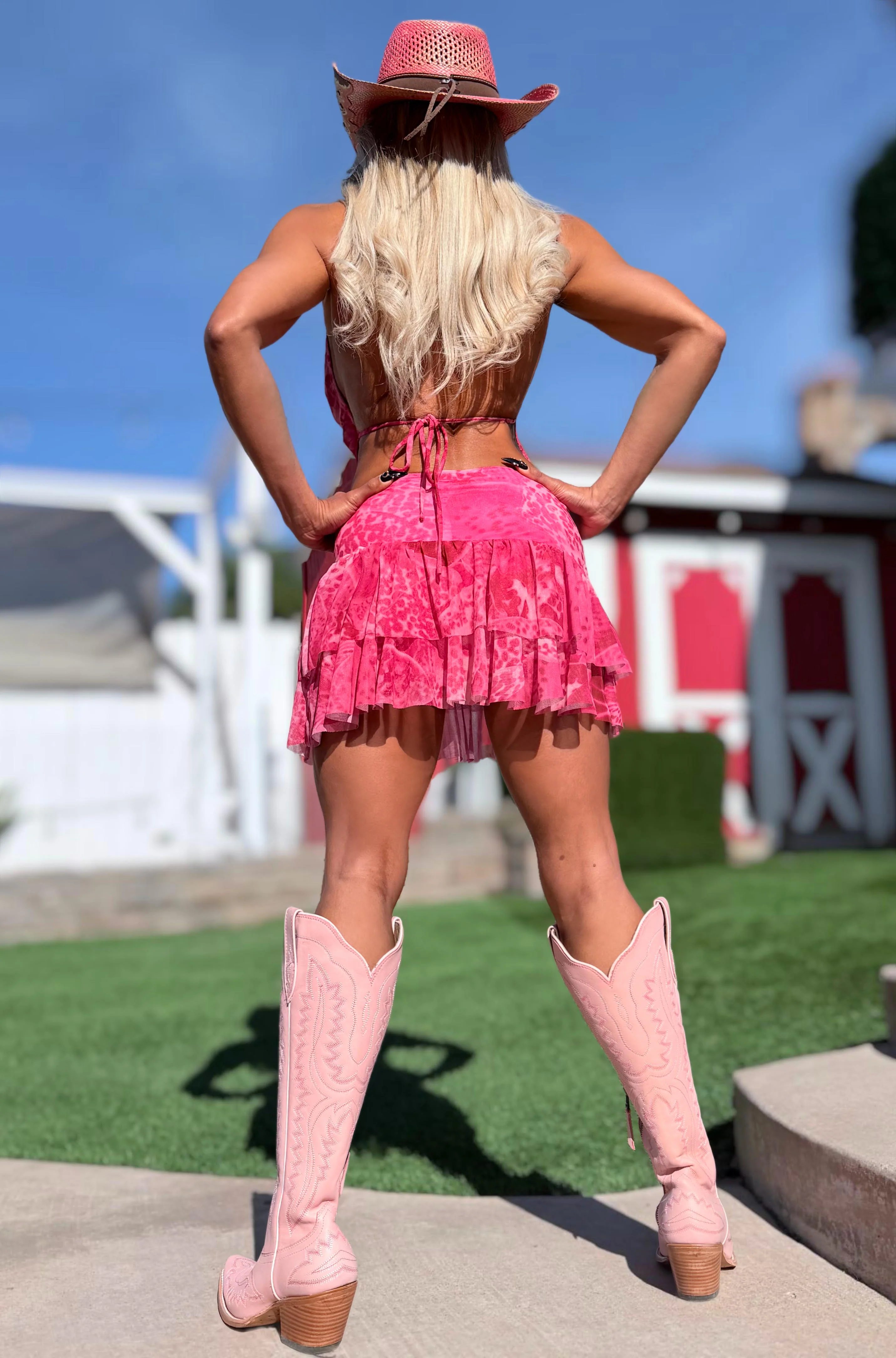 Connie's "PINK LEOPARD 🤠 WESTERN Mini" Cute Gold chest accent, Adjustable tie back, Stretch Fabric, Cute Ruffles - Image 8