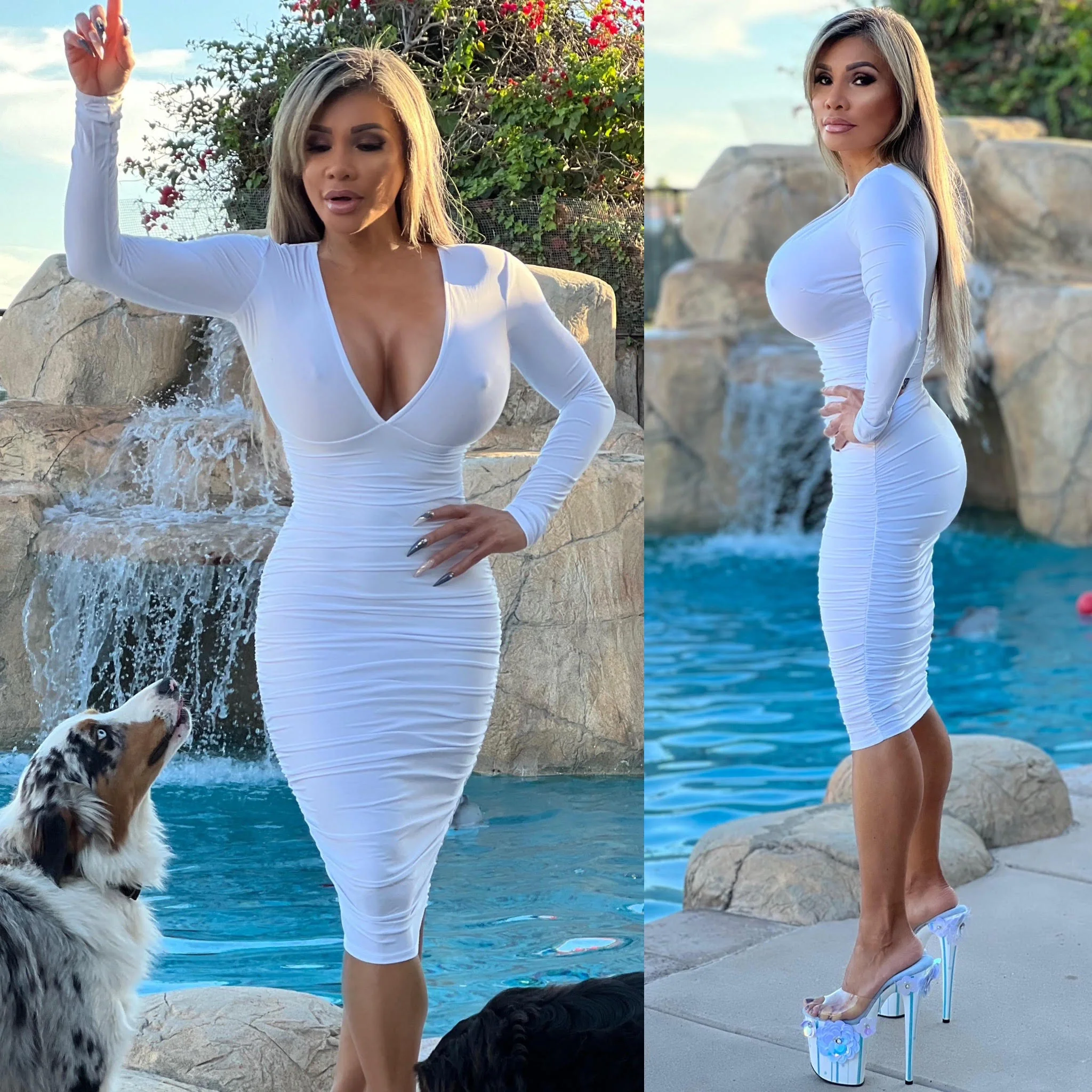 Connie's EXCLUSIVE "PURE WHITE VIXEN Pencil Midi" DEEP Plunge Chest, Ruched Lower, With a SUPER Stretch Tight Fit - Image 2