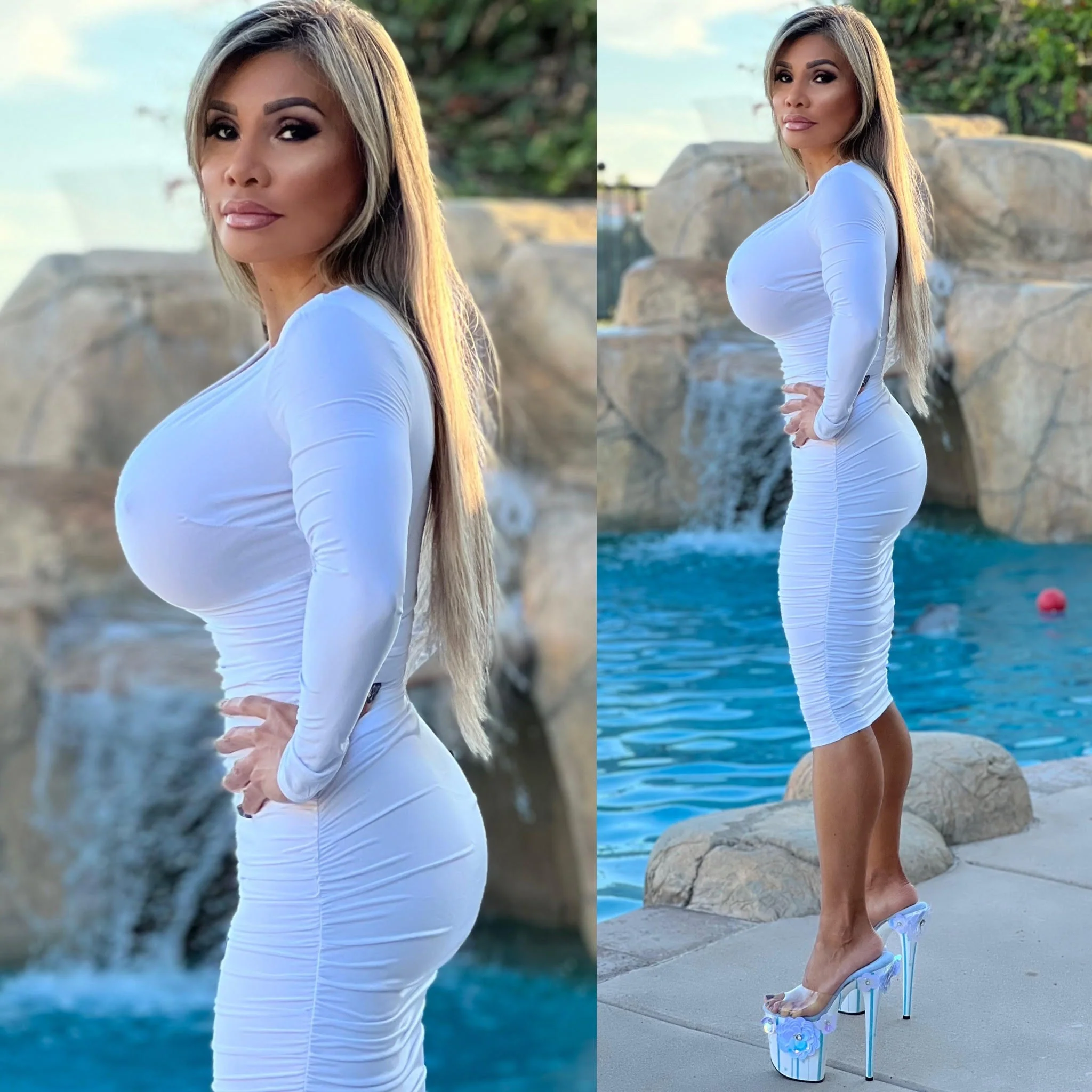 Connie's EXCLUSIVE "PURE WHITE VIXEN Pencil Midi" DEEP Plunge Chest, Ruched Lower, With a SUPER Stretch Tight Fit - Image 3