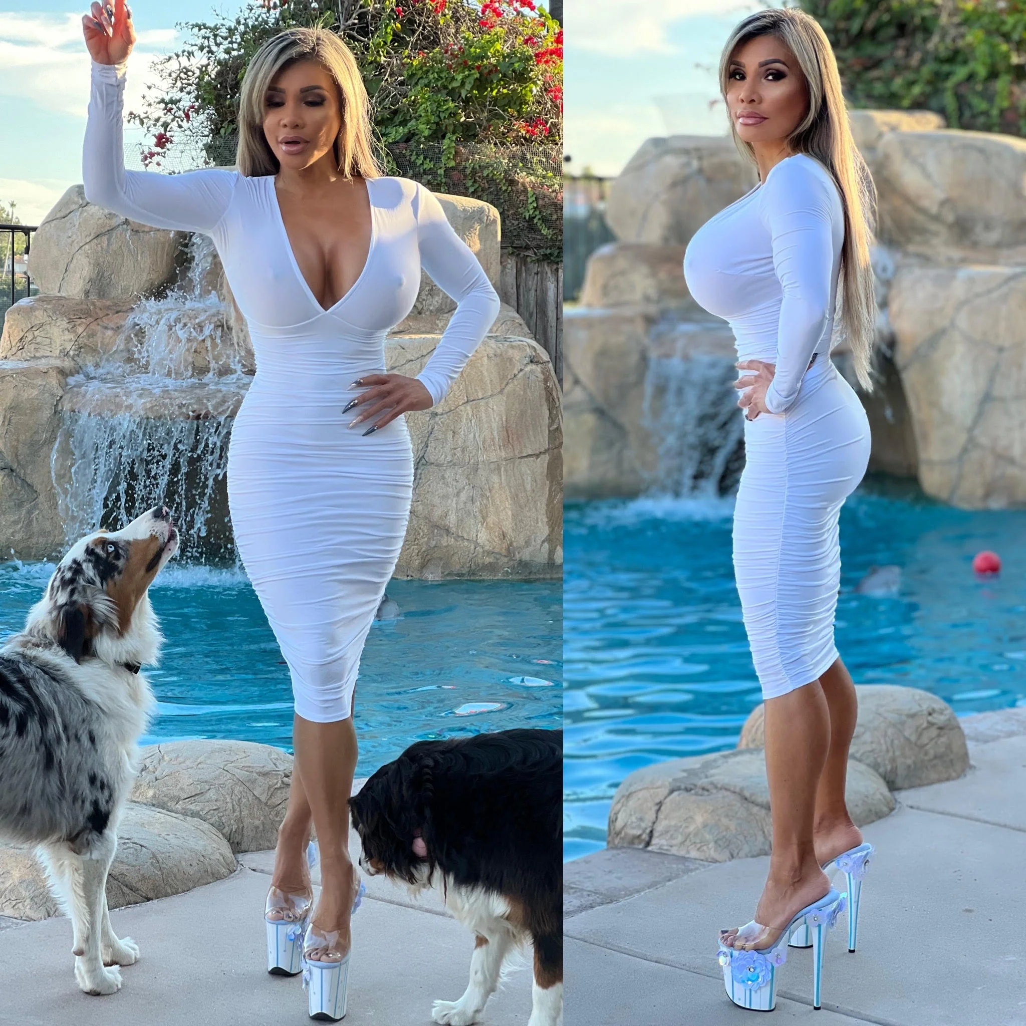 Connie's EXCLUSIVE "PURE WHITE VIXEN Pencil Midi" DEEP Plunge Chest, Ruched Lower, With a SUPER Stretch Tight Fit - Image 5