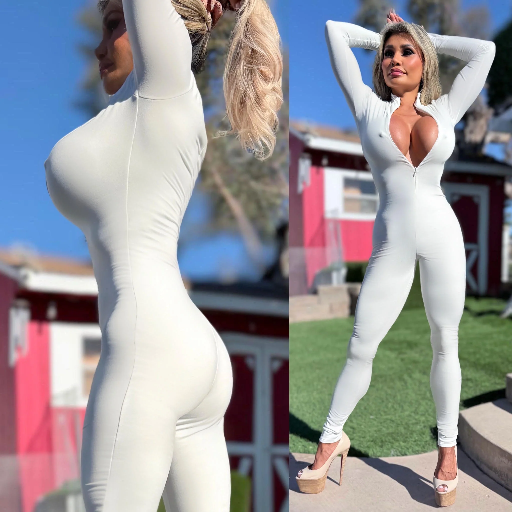 Connie's EXCLUSIVE "PURE WHITE Zip Front Jumpsuit" Double Fabric Support, No Bra Needed ... Made in USA - Image 3