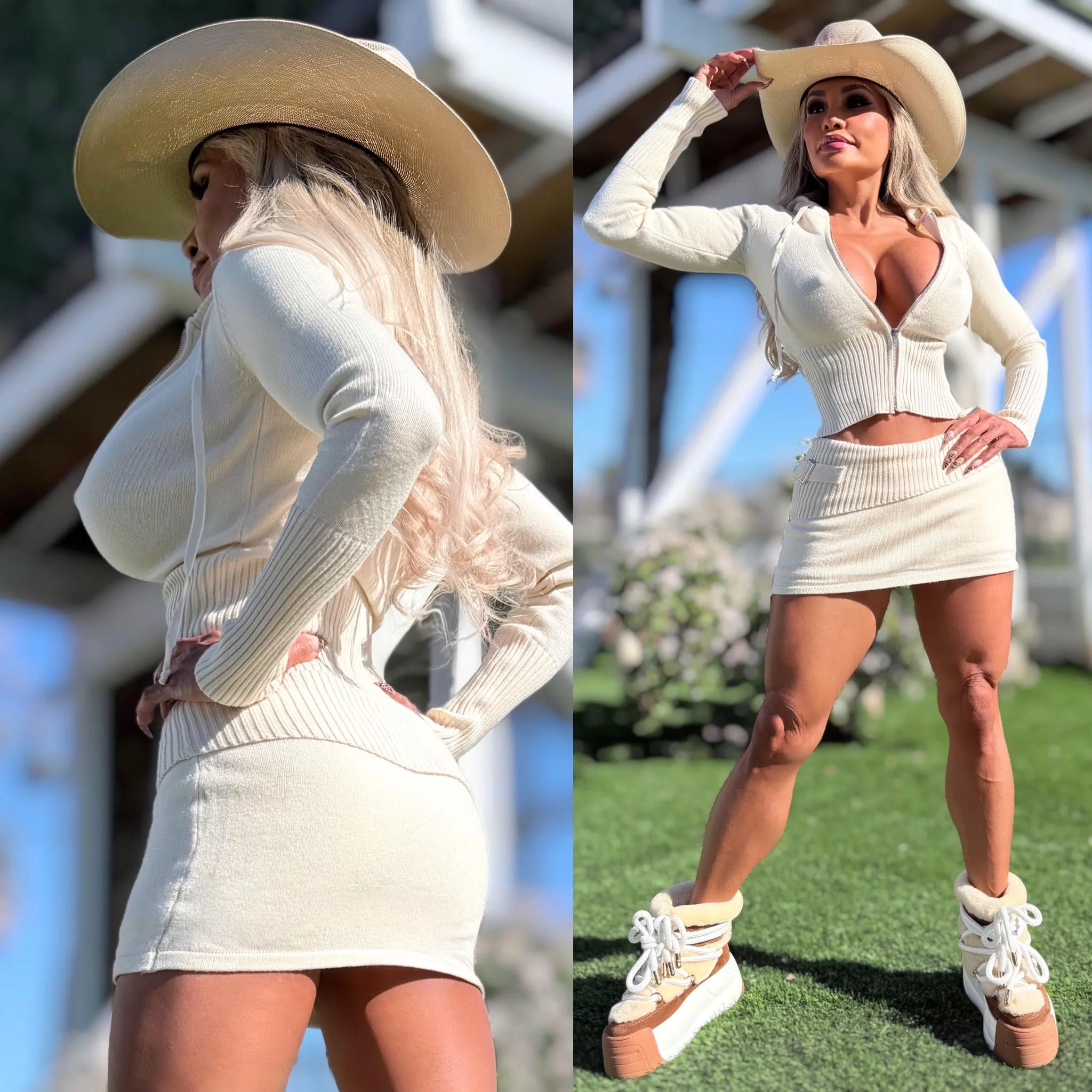 Connie's LIMITED 2 Pc Set "RICH CREAM Sweater Set" STRETCH Crop Top ZIP Hoodie and Fold Over Skirt with Built in Mini Shorts - Image 6