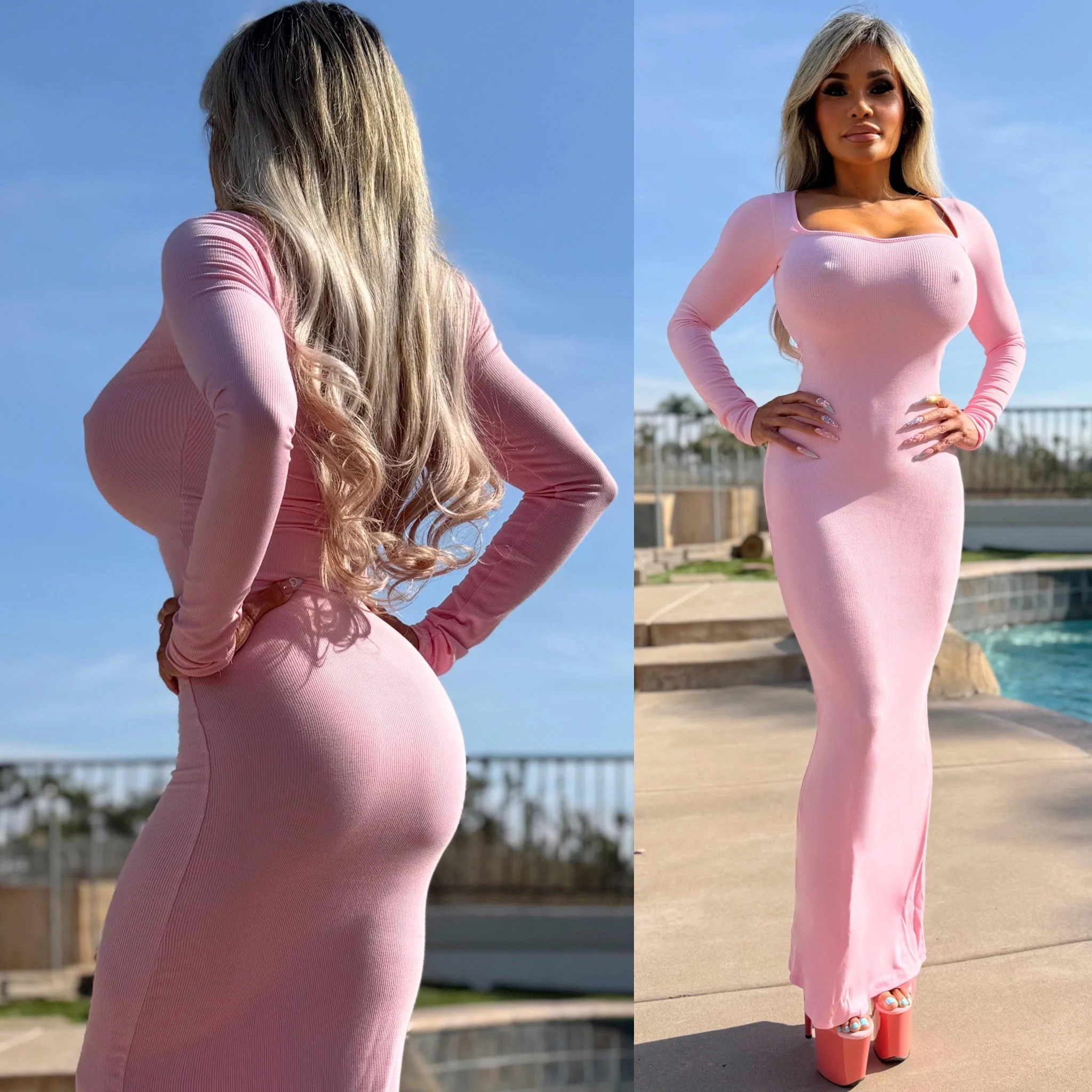 Connie's "RICH MICRO RIBBED PINK 🩷 VIXEN Maxi" Unlined, RAYON SPANDEX, Scoop Neck, Stretch Body Forming ... Made in the USA - Image 3
