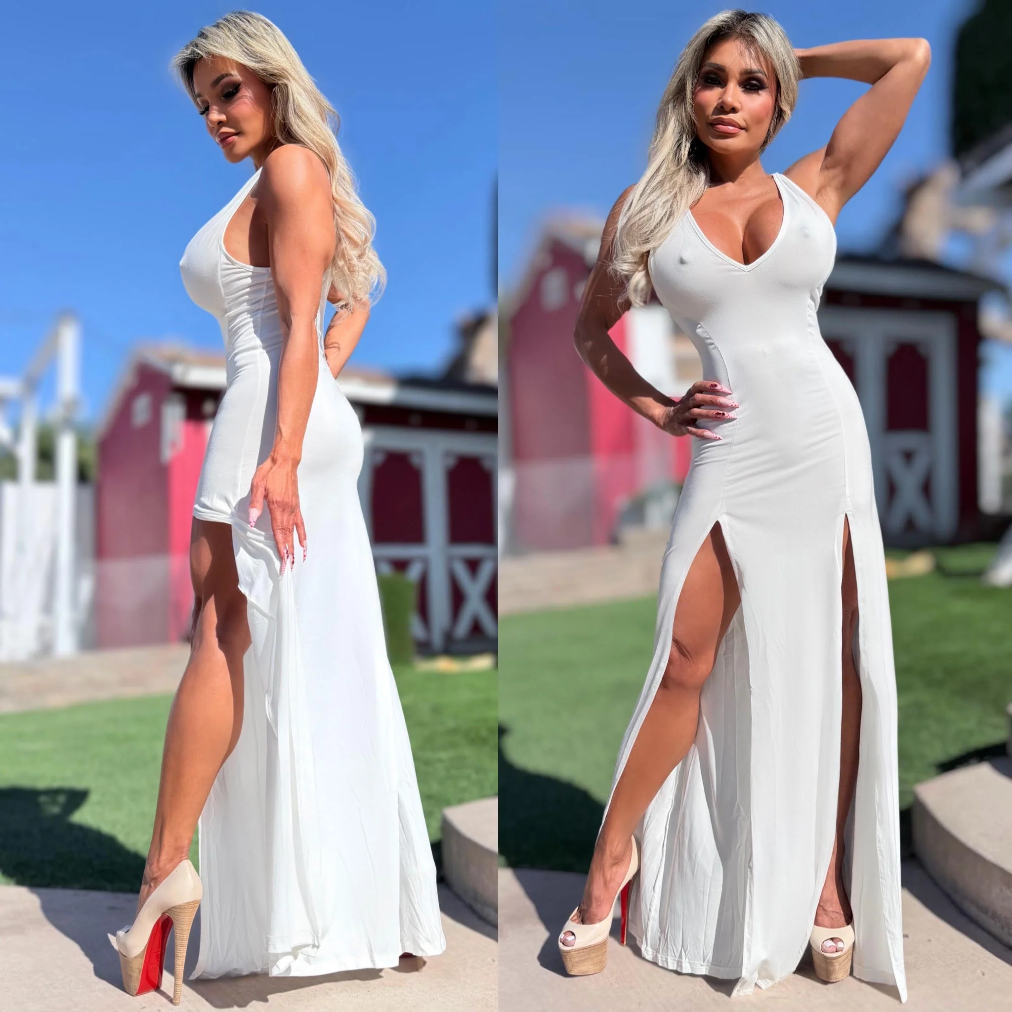 CONNIE'S *LIMITED* "WHITE RESORT DOUBLE SLIT MAXI" V Neck Plunge, DOUBLE SPLIT Thighs, Super Stretch Fit Fabric - Image 2