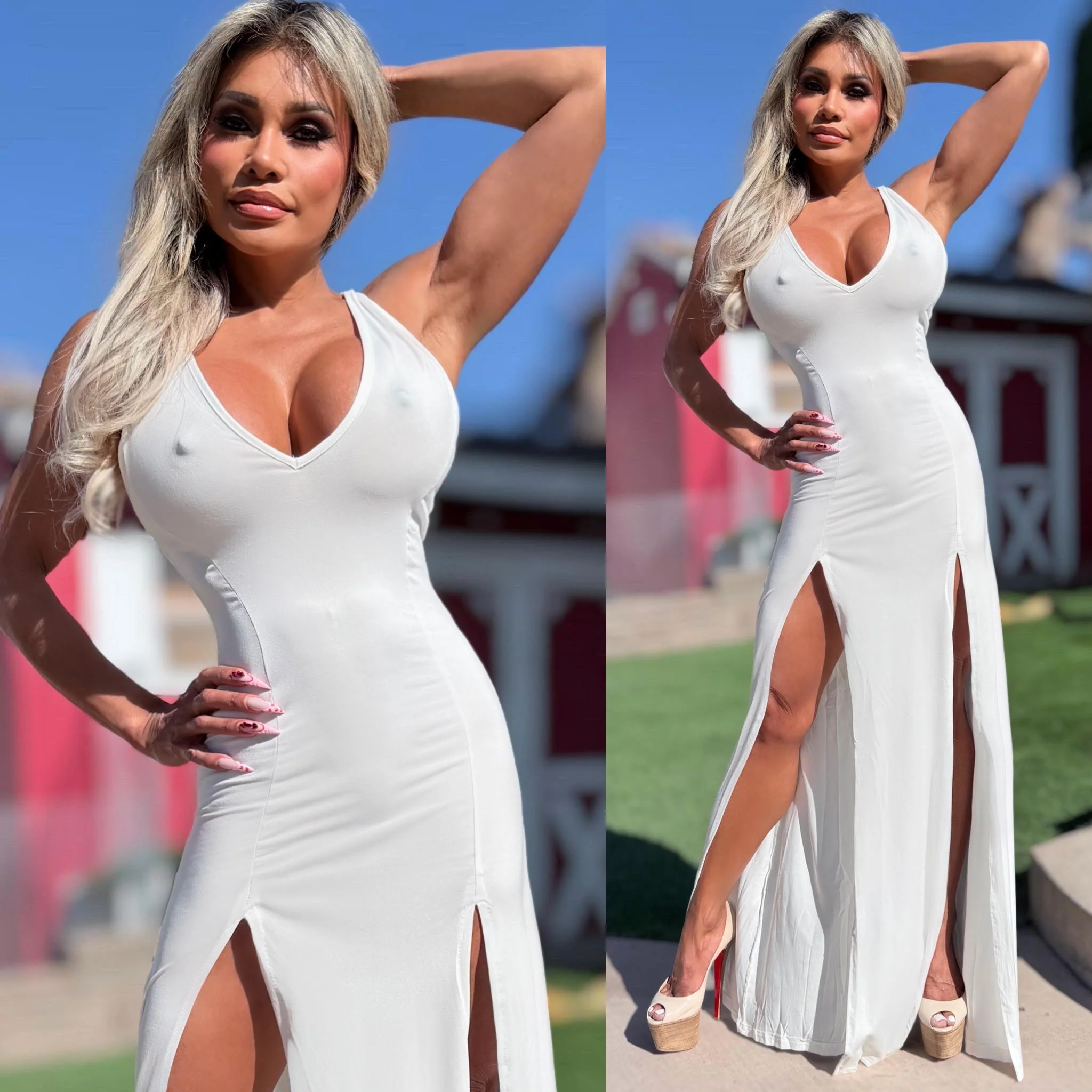 CONNIE'S *LIMITED* "WHITE RESORT DOUBLE SLIT MAXI" V Neck Plunge, DOUBLE SPLIT Thighs, Super Stretch Fit Fabric - Image 3