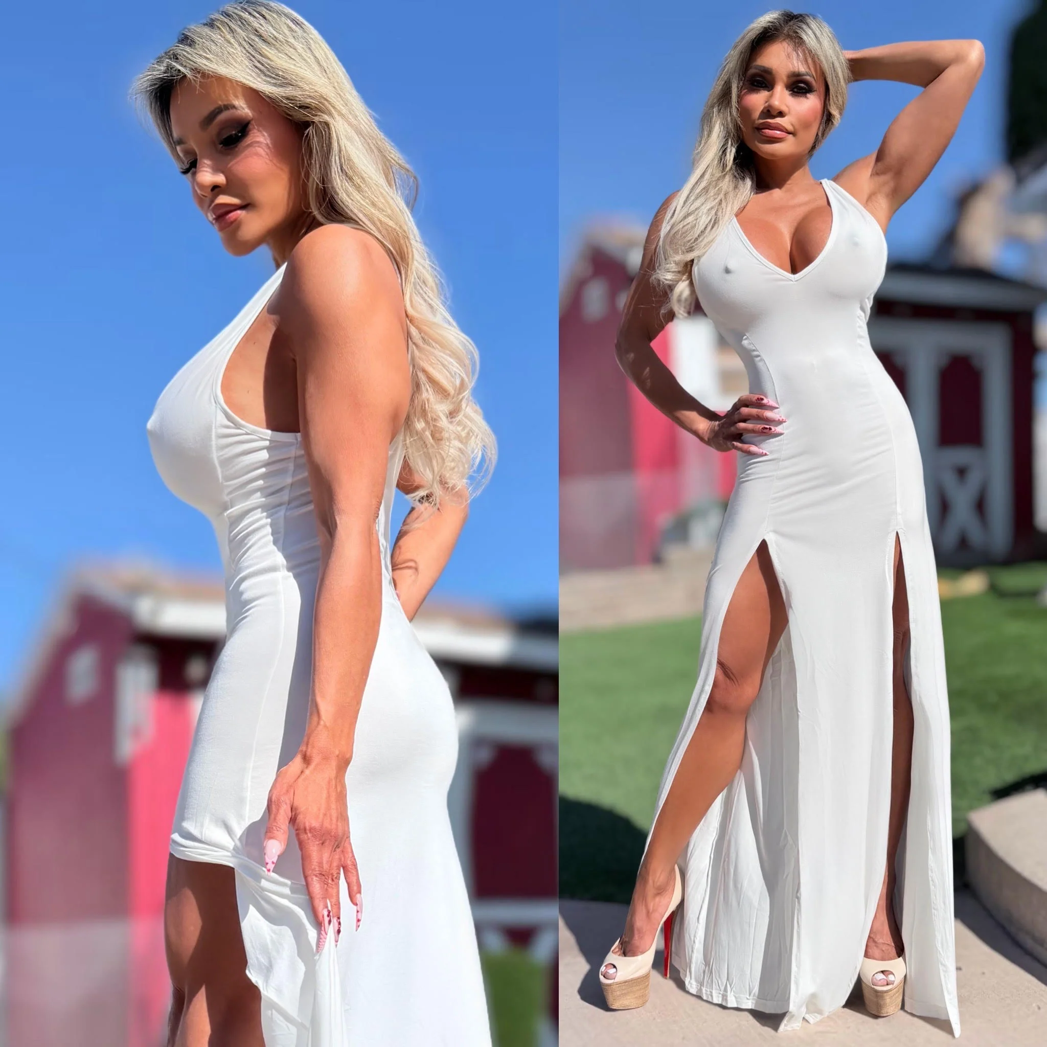 CONNIE'S *LIMITED* "WHITE RESORT DOUBLE SLIT MAXI" V Neck Plunge, DOUBLE SPLIT Thighs, Super Stretch Fit Fabric - Image 6