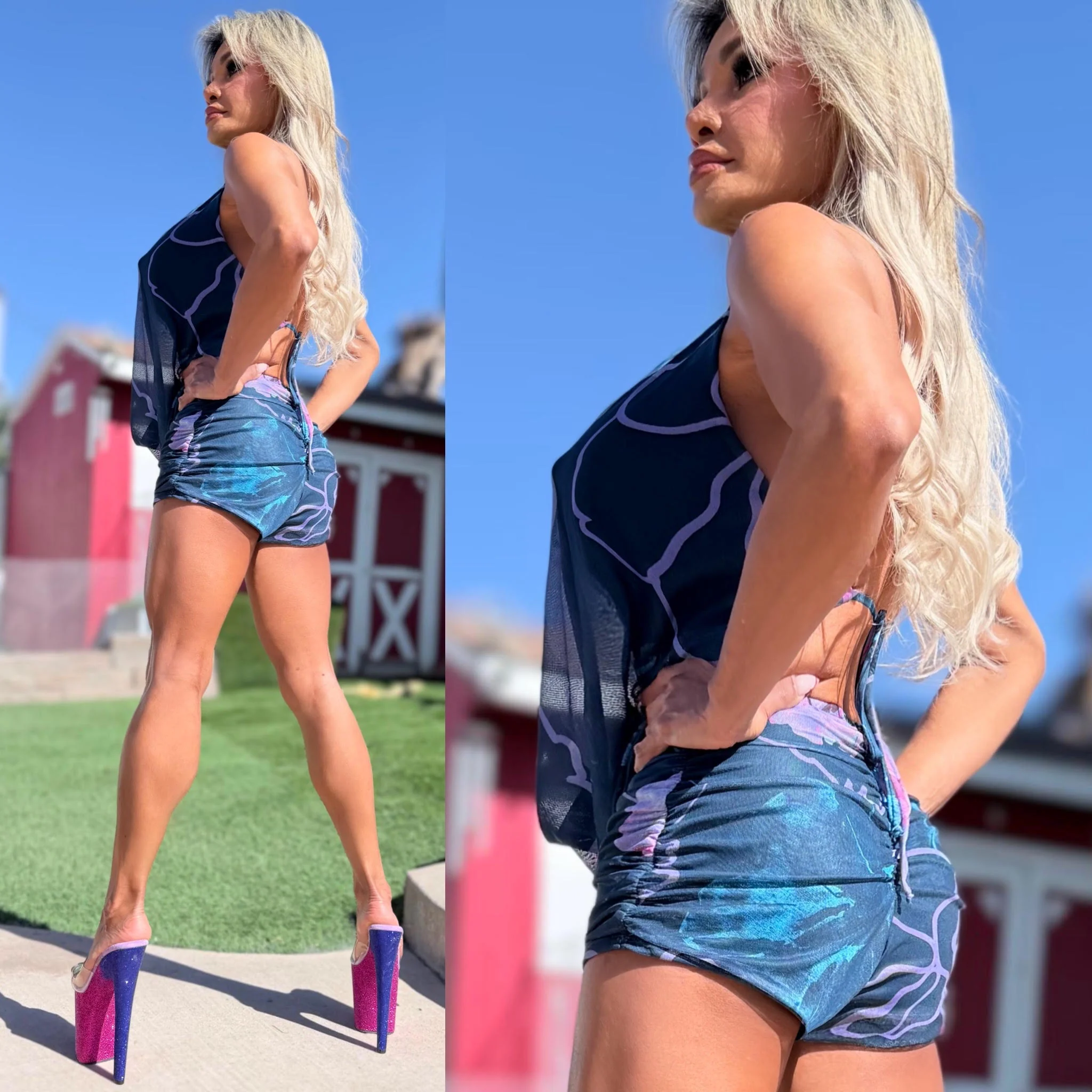 Connie's "BLUE HAWAIIAN ROMPER" Deep Plunge, RICH FLORAL PRINT Double Layer MESH, With Ruched Butt Detailing - Image 3
