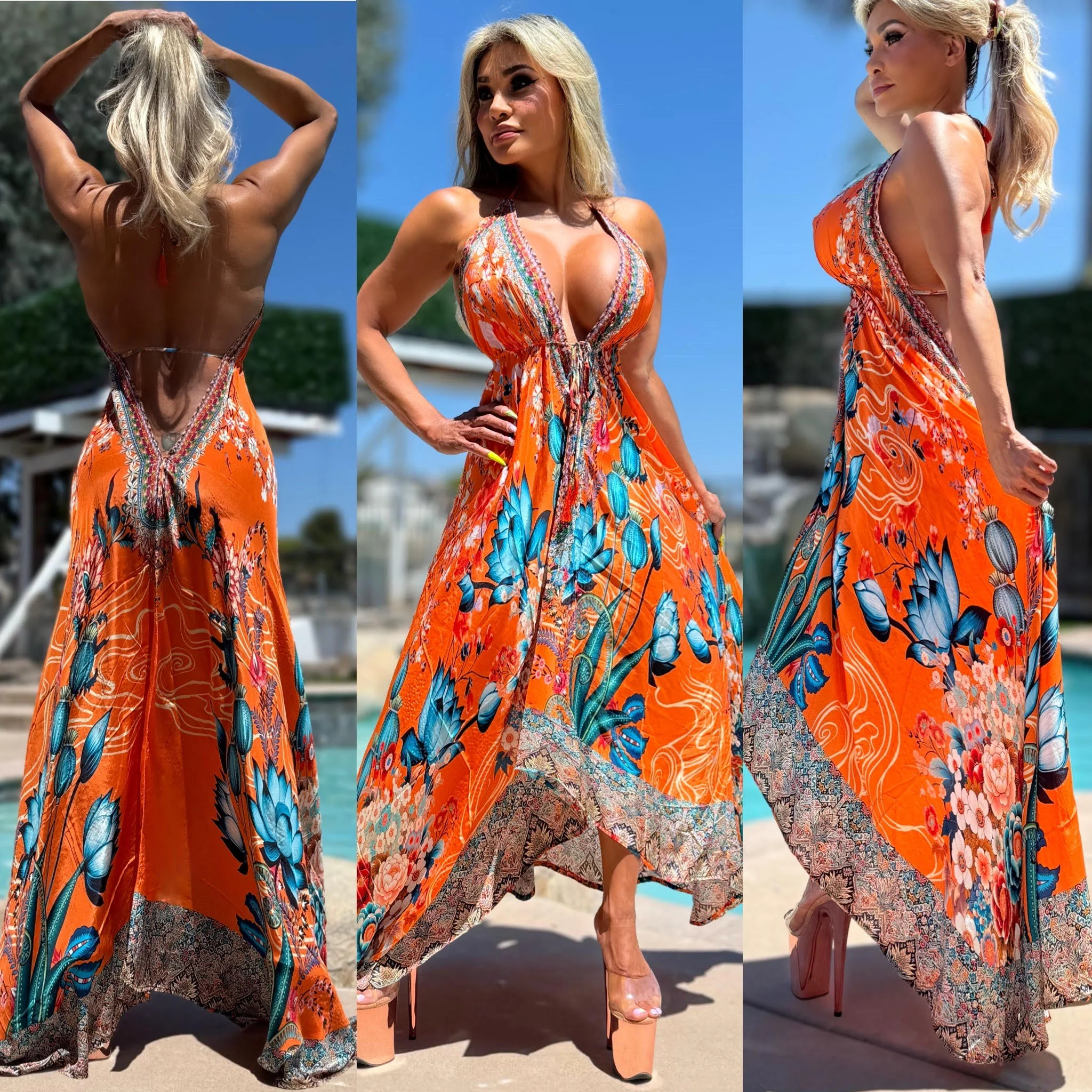 ***LIMITED*** Connie's LUX 🌴 Island BoHo Style, BLUE LOTUS 🪷 SUNSHINE *Silk* High Low Maxi" With Hand Sewn 💎 Crystal Accents ...😘