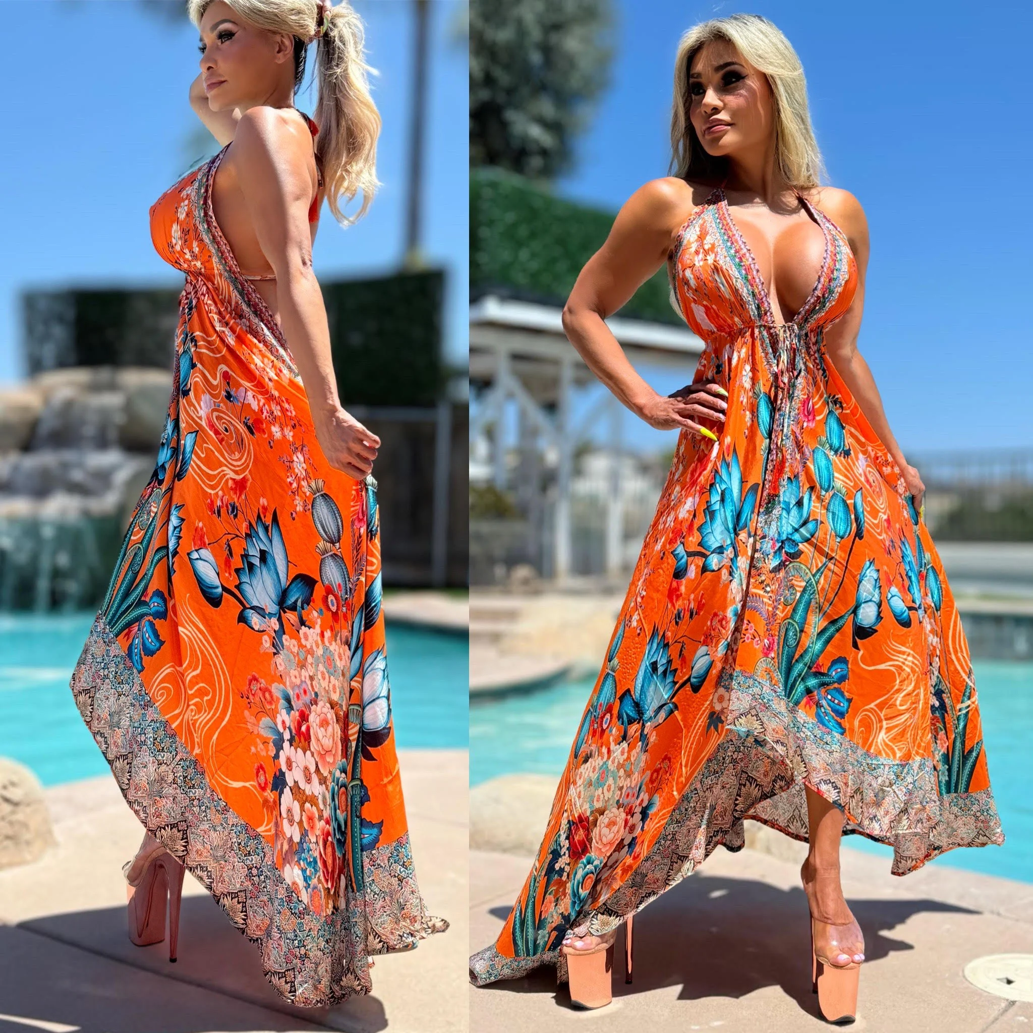 ***LIMITED*** Connie's LUX 🌴 Island BoHo Style, BLUE LOTUS 🪷 SUNSHINE *Silk* High Low Maxi" With Hand Sewn 💎 Crystal Accents ...😘 - Image 2