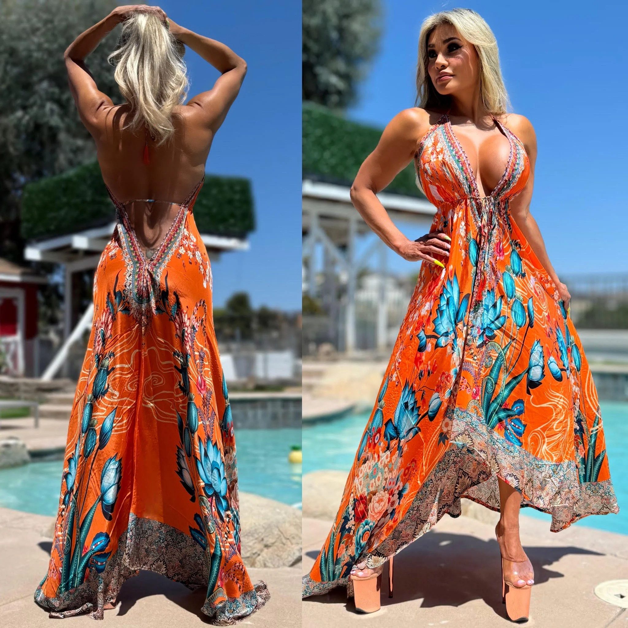 ***LIMITED*** Connie's LUX 🌴 Island BoHo Style, BLUE LOTUS 🪷 SUNSHINE *Silk* High Low Maxi" With Hand Sewn 💎 Crystal Accents ...😘 - Image 3