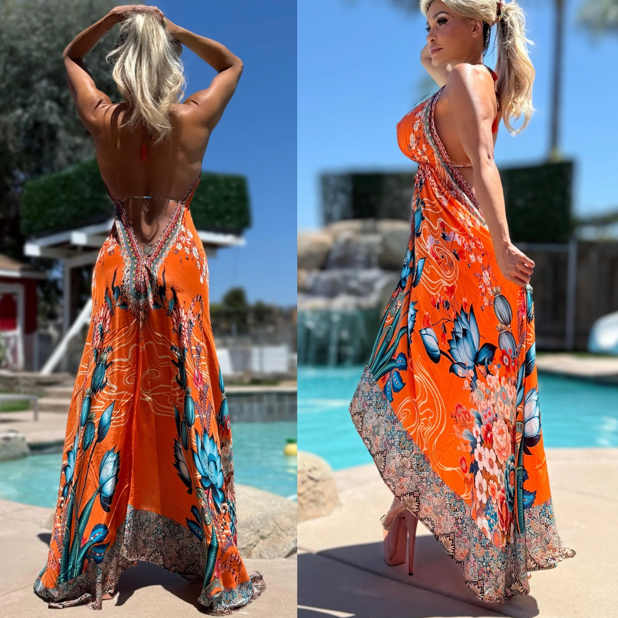 ***LIMITED*** Connie's LUX 🌴 Island BoHo Style, BLUE LOTUS 🪷 SUNSHINE *Silk* High Low Maxi" With Hand Sewn 💎 Crystal Accents ...😘 - Image 4