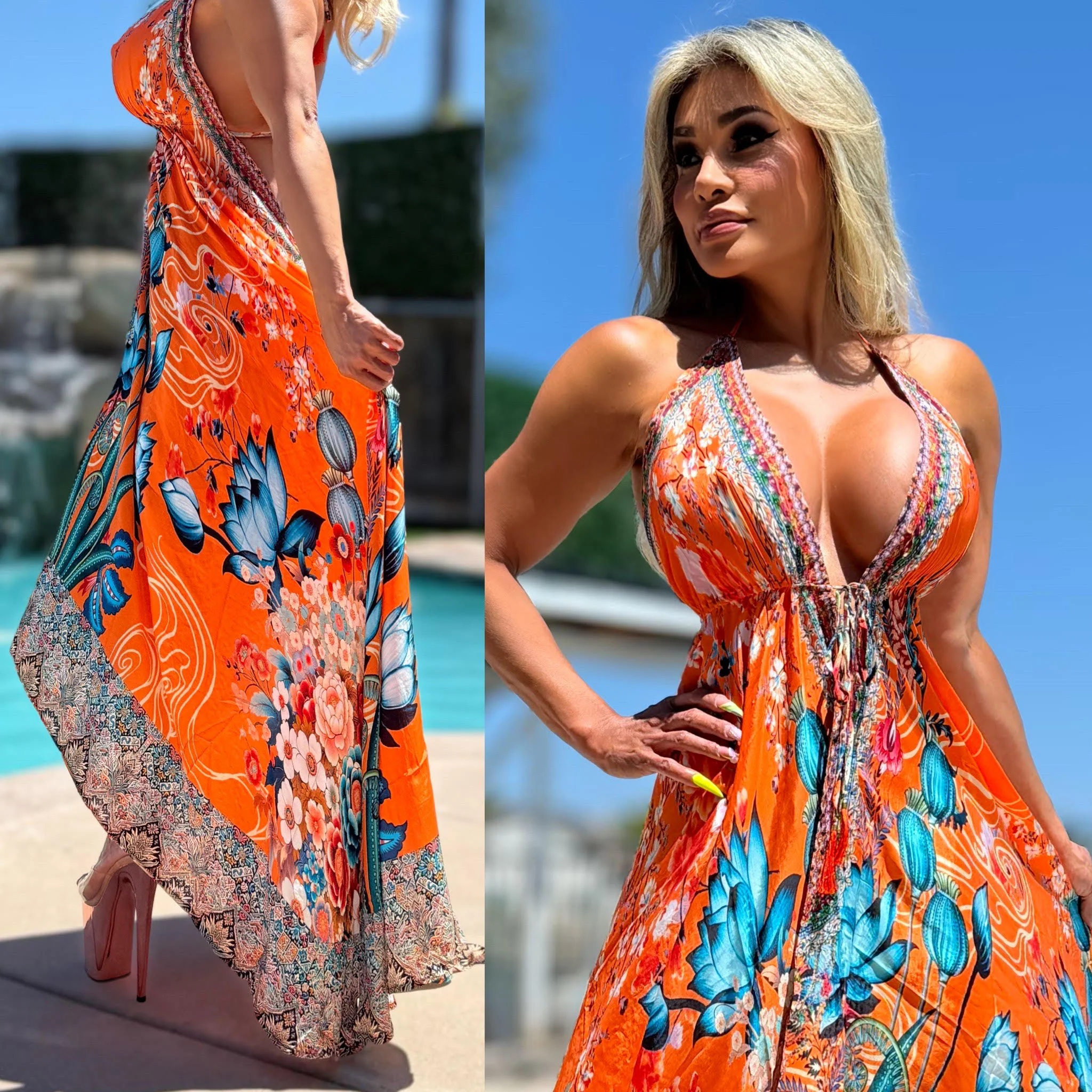 ***LIMITED*** Connie's LUX 🌴 Island BoHo Style, BLUE LOTUS 🪷 SUNSHINE *Silk* High Low Maxi" With Hand Sewn 💎 Crystal Accents ...😘 - Image 7