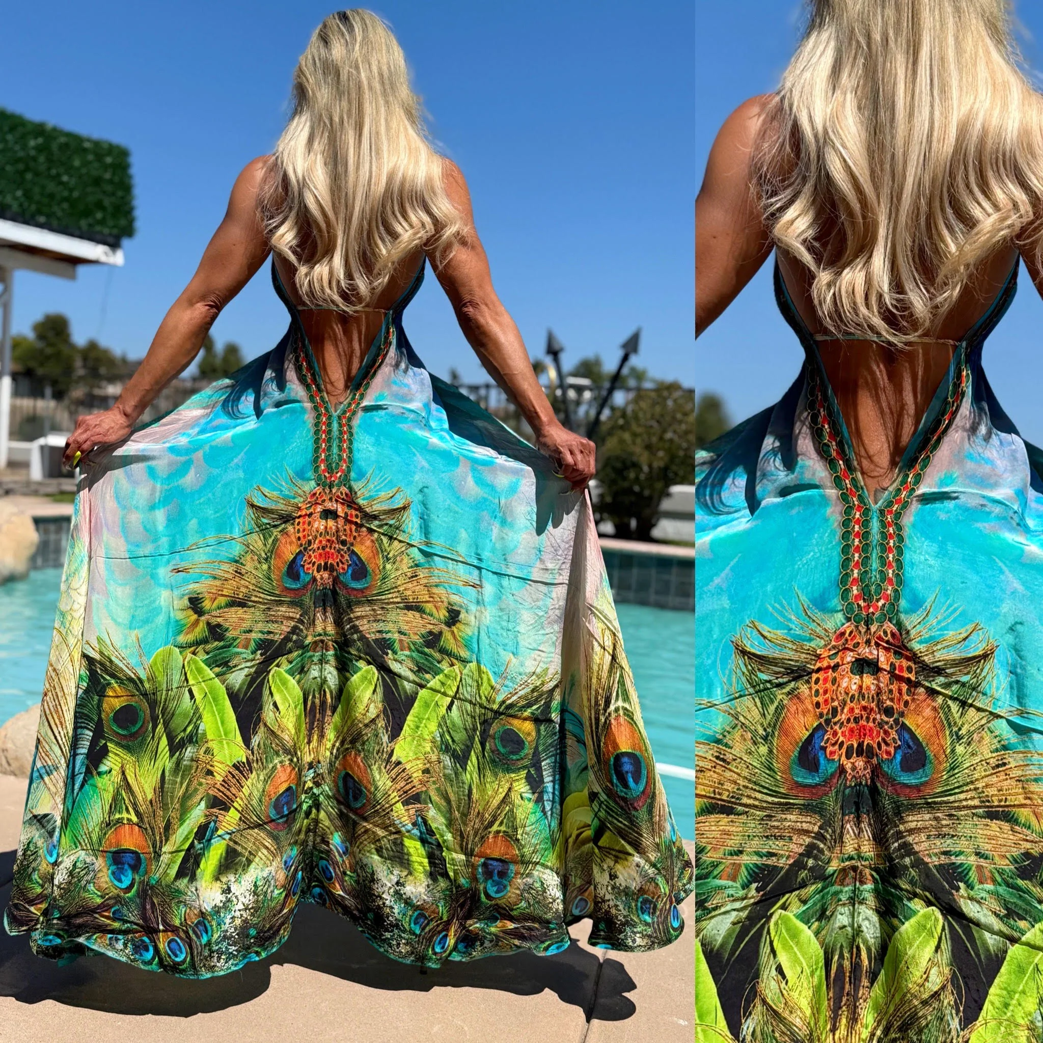 ***LIMITED*** Connie's LUX 🌴 Island BoHo Style, OCEAN 🦚 PEACOCK SUNSHINE *Silk* High Low Maxi" With Hand Sewn 💎 Crystal Accents ...😘 - Image 3