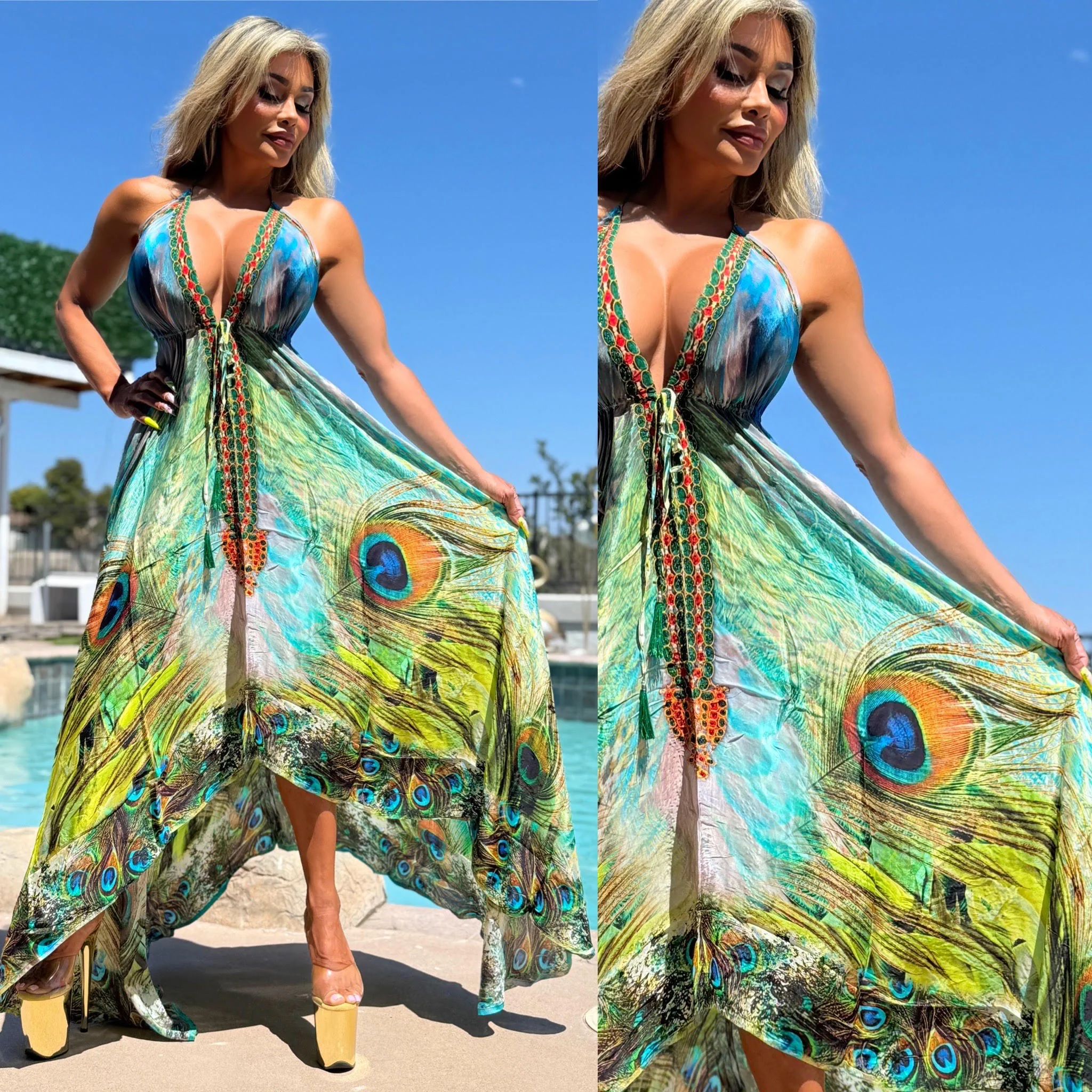 ***LIMITED*** Connie's LUX 🌴 Island BoHo Style, OCEAN 🦚 PEACOCK SUNSHINE *Silk* High Low Maxi" With Hand Sewn 💎 Crystal Accents ...😘 - Image 4