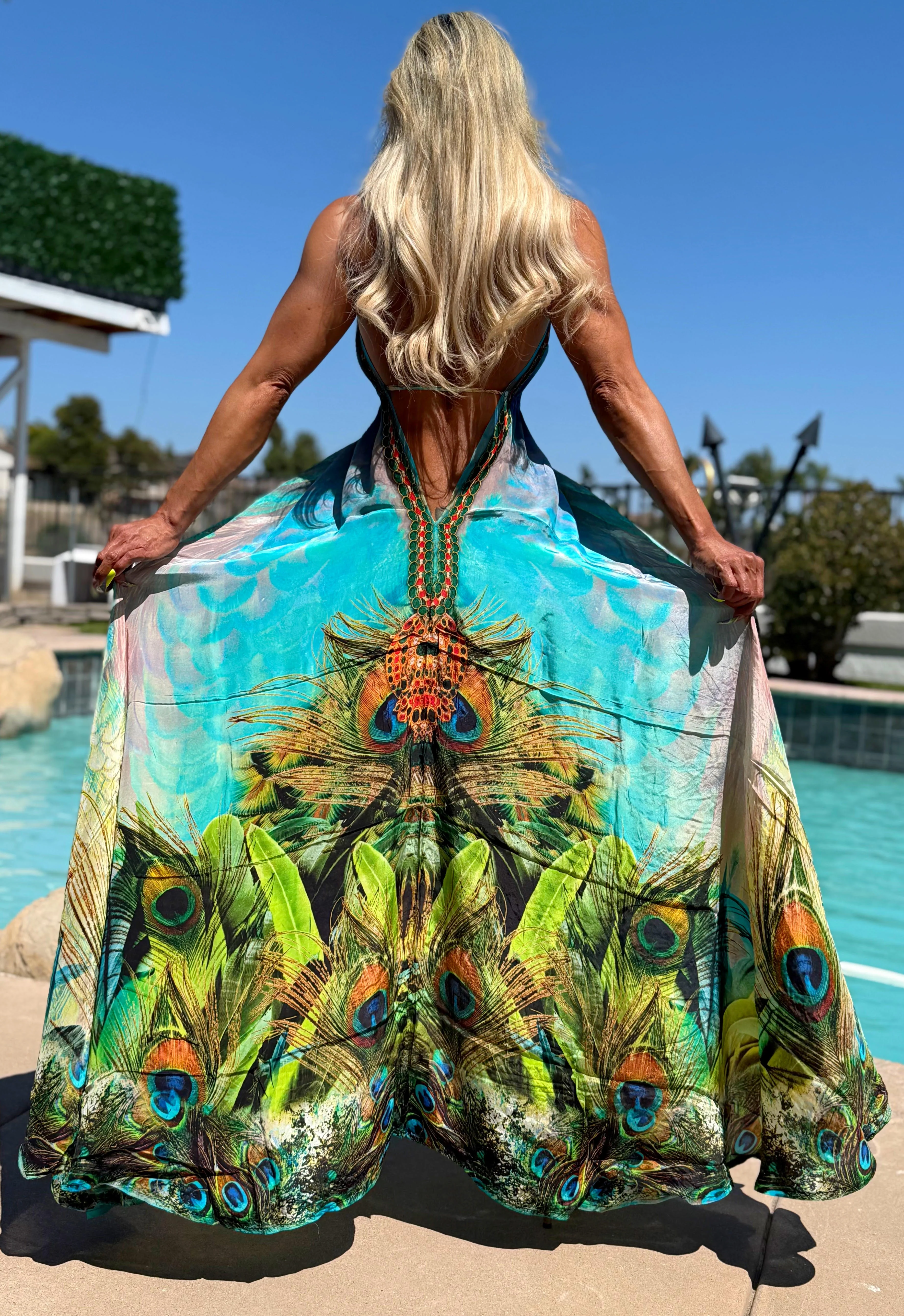 ***LIMITED*** Connie's LUX 🌴 Island BoHo Style, OCEAN 🦚 PEACOCK SUNSHINE *Silk* High Low Maxi" With Hand Sewn 💎 Crystal Accents ...😘 - Image 6
