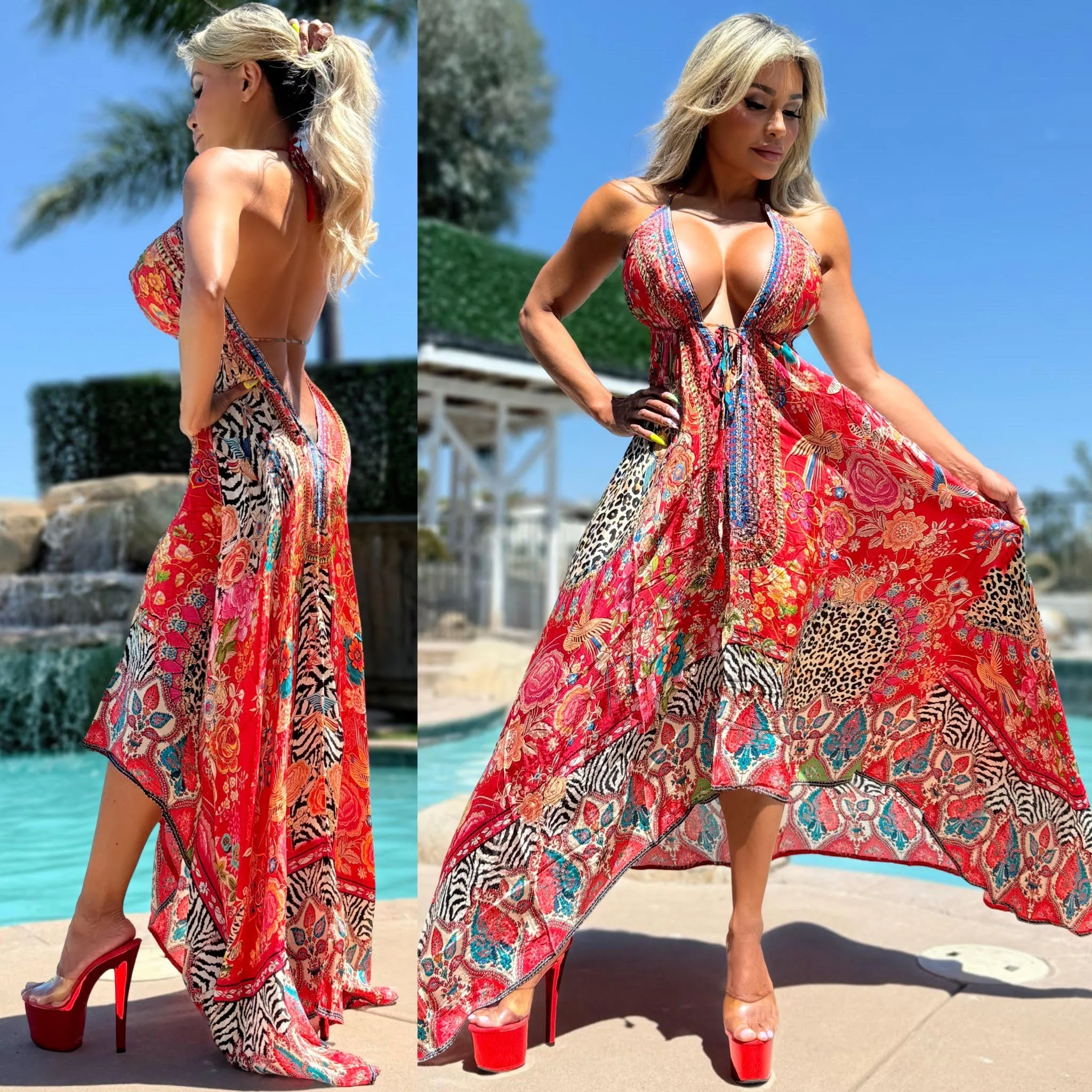 ***LIMITED*** Connie's "RICH RED ๐ LEOPARD *Silk* High Low Maxi" With Hand Sewn ๐ Crystal Accents ...๐